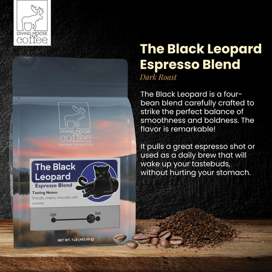 The Black Leopard specialty espresso blend dark roast coffee with chocolate and caramel notes and smooth bold flavor