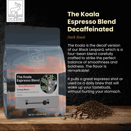 Decaf espresso dark roast blend with smooth, creamy chocolate and caramel notes in eco-friendly packaging