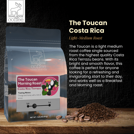 The Toucan Costa Rica Terrazu medium-light roast coffee bag with coffee beans and tasting notes of orange, honey, and lemon.