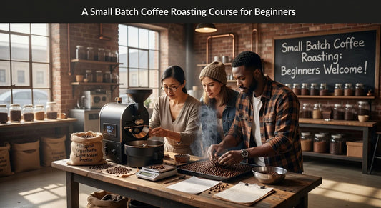 Professional header image for educational tutorial: A Small Batch Coffee Roasting Course for Beginners