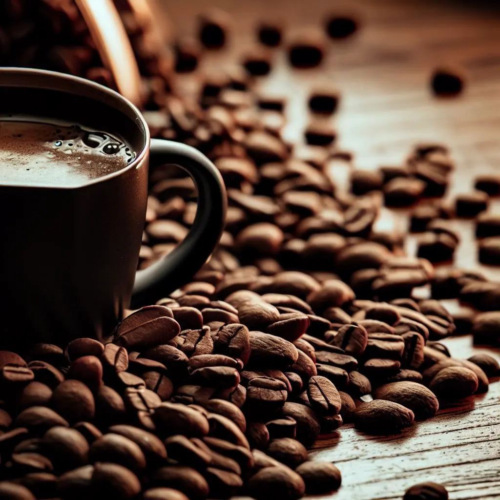 Close-up of specialty grade coffee beans spilled on wooden surface with a black cup of freshly brewed coffee.