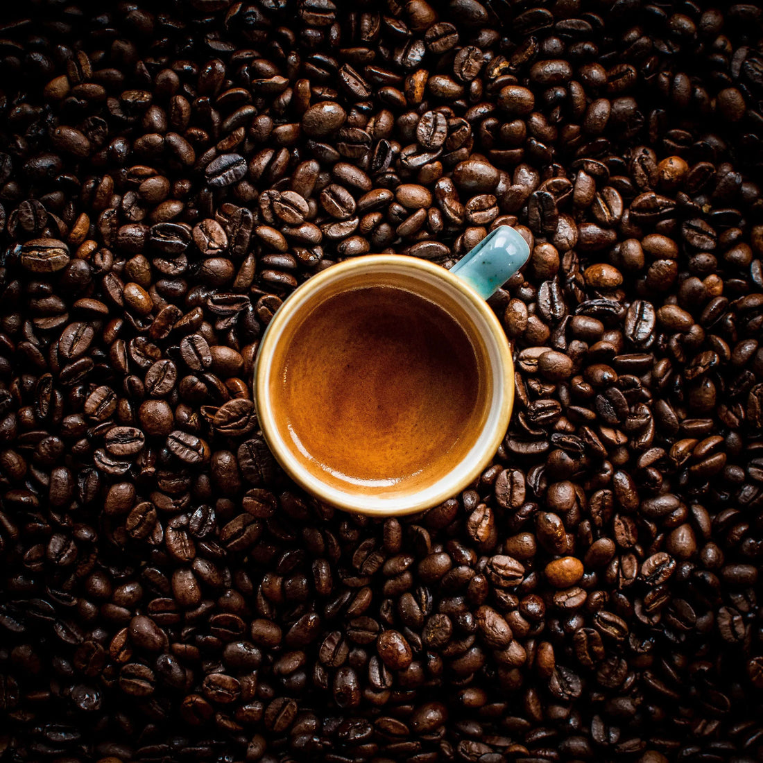 Top view of espresso cup surrounded by roasted coffee beans representing coffee vs espresso difference