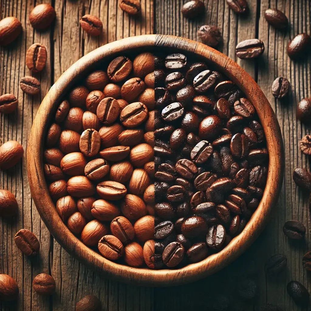 Close-up of light roasted coffee beans and dark roasted espresso beans side by side in a wooden bowl on a rustic wooden surface