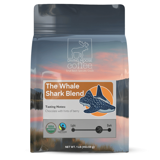 The Whale Shark organic medium-dark roast coffee blend with chocolate and berry notes in eco-friendly packaging