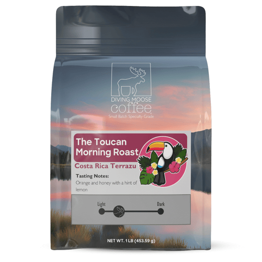 The Toucan medium-light roast coffee from Costa Rica Terrazu with orange, honey, and lemon tasting notes in a 1 lb bag