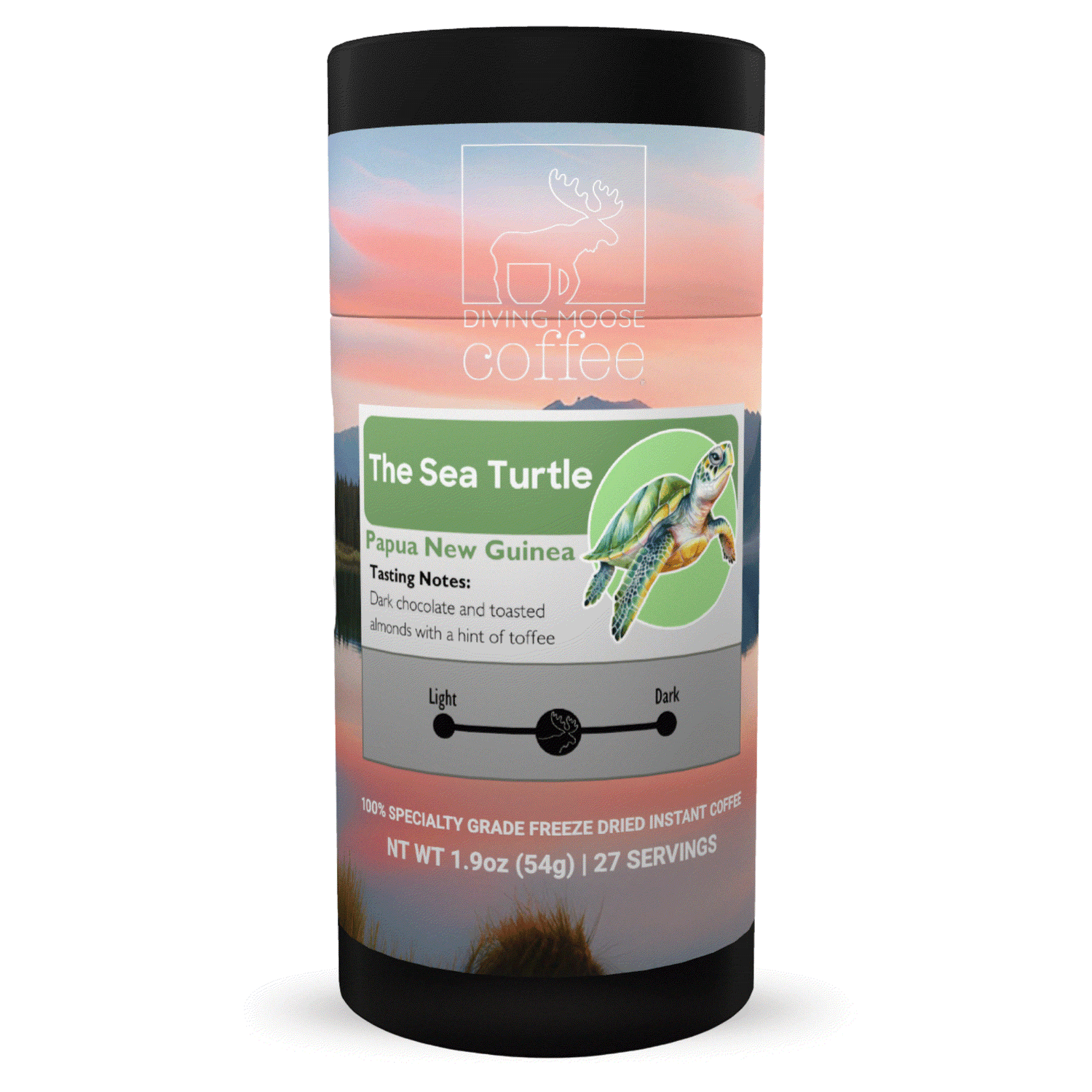 The Sea Turtle Papua New Guinea freeze dried instant coffee with dark chocolate, toasted almonds, and toffee notes in a 54g container