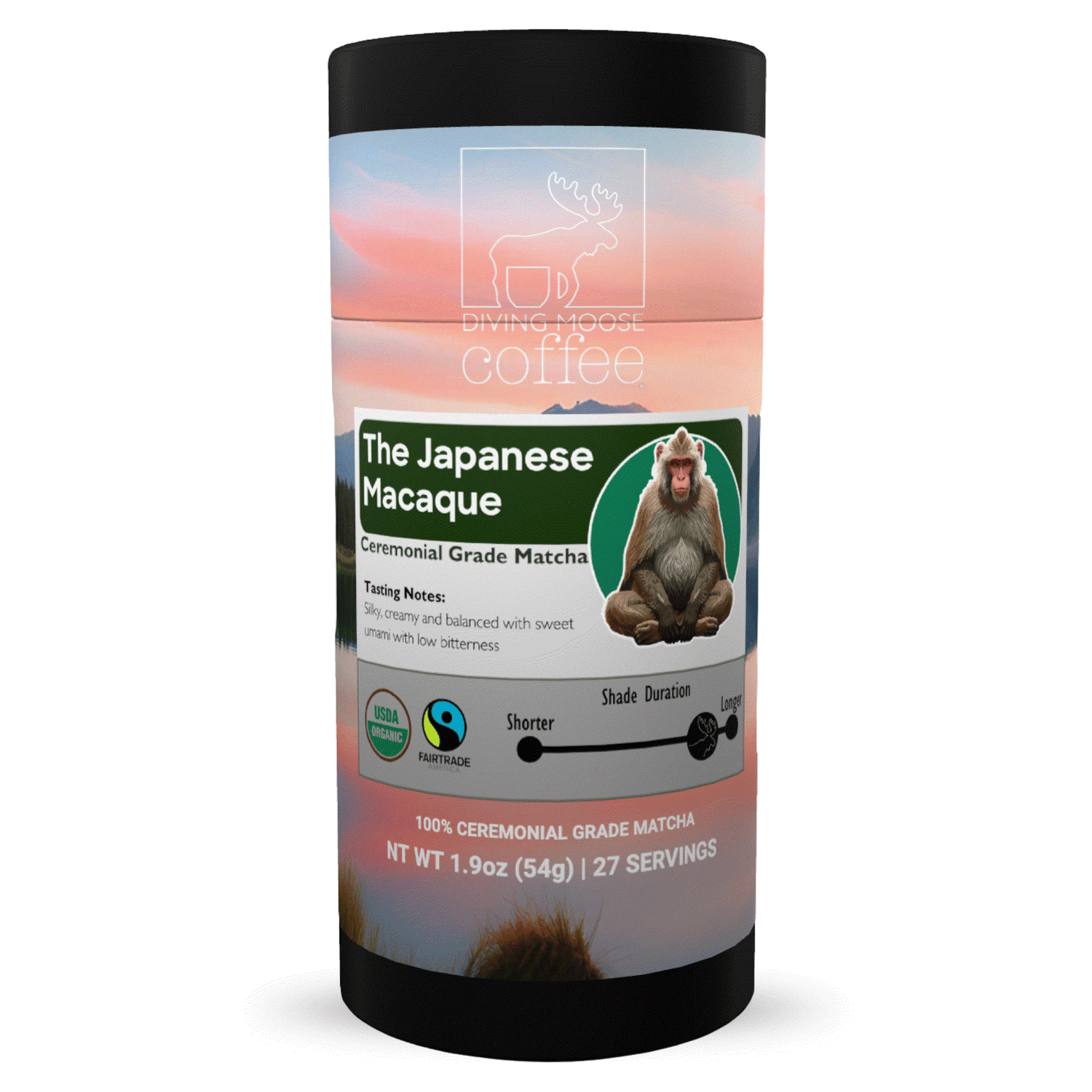 The Japanese Macaque - Organic Ceremonial Grade Matcha Tea packaging showcasing ceremonial grade matcha tea details.