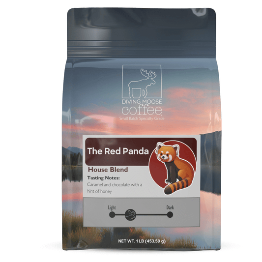The Red Panda medium-light roast house blend coffee with caramel, chocolate, and honey tasting notes in a 1 lb bag
