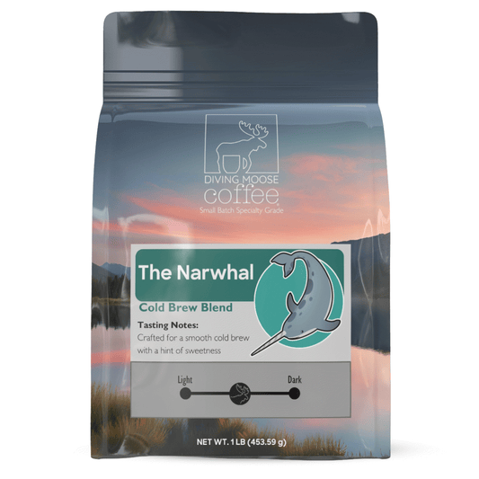 The Narwhal cold brew coffee blend bag with narwhal illustration and mountain lake background