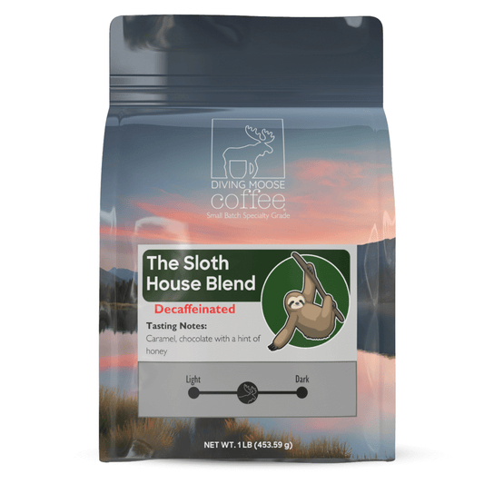 The Sloth Decaf House Medium-Light Roast Blend coffee bag with sloth illustration and tasting notes of caramel and chocolate