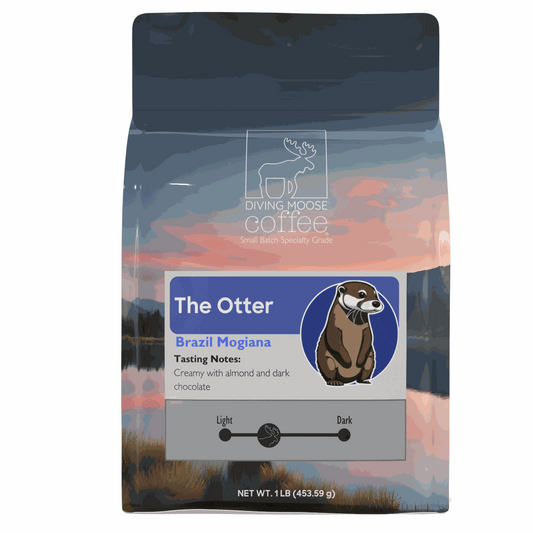 The Otter Brazil Mogiana medium-light roast coffee with almond and dark chocolate notes in a 1lb bag