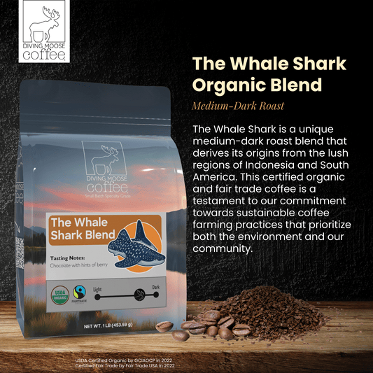 The Whale Shark organic medium-dark roast coffee blend with chocolate and berry notes, featuring sustainable fair trade packaging