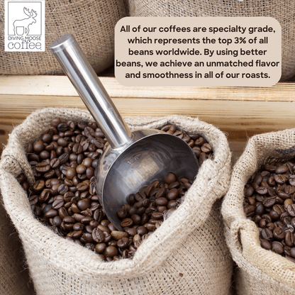 Specialty-grade coffee beans in burlap sacks with metal scoop representing The Emperor Penguin light roast coffee pods blend