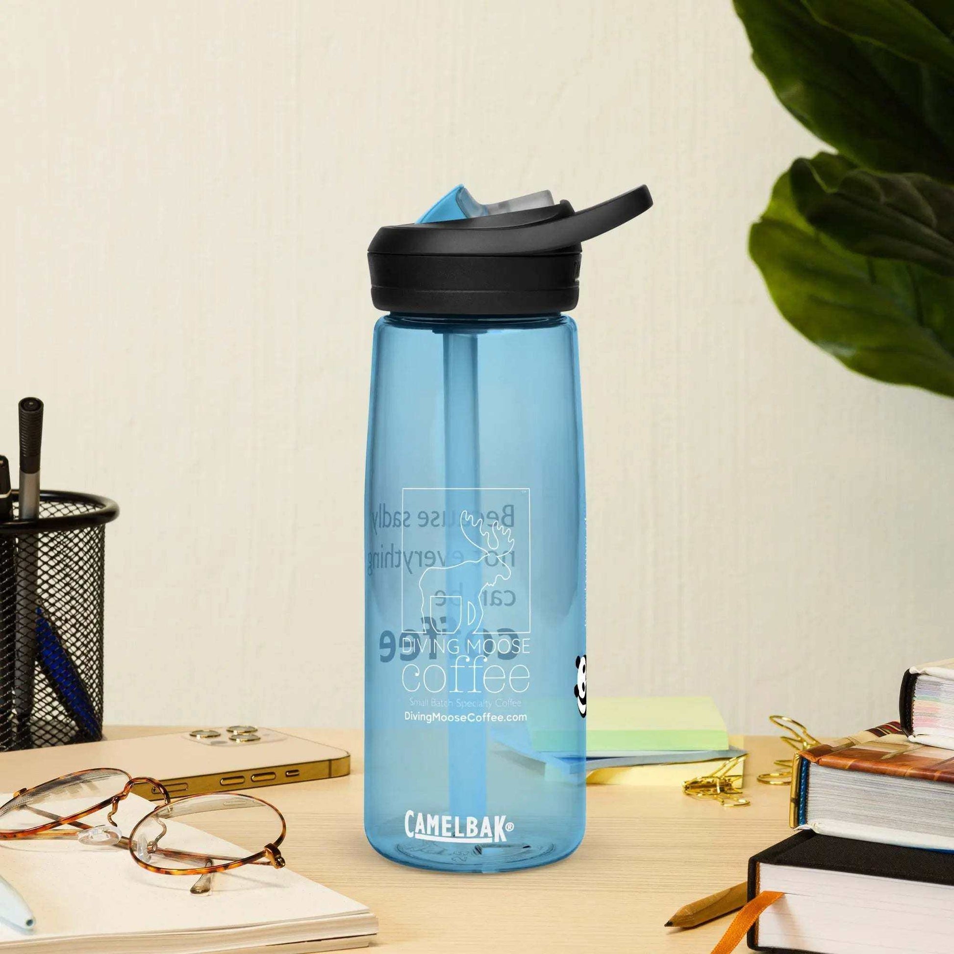 CamelBak Eddy+ Water Bottle in blue with spill-proof lid, made from 50% recycled plastic, 25 oz capacity, ideal for hydration during work or gym.