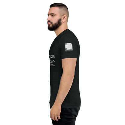 Side view of man wearing black DMC Word Logo tri-blend t-shirt with QR code on sleeve