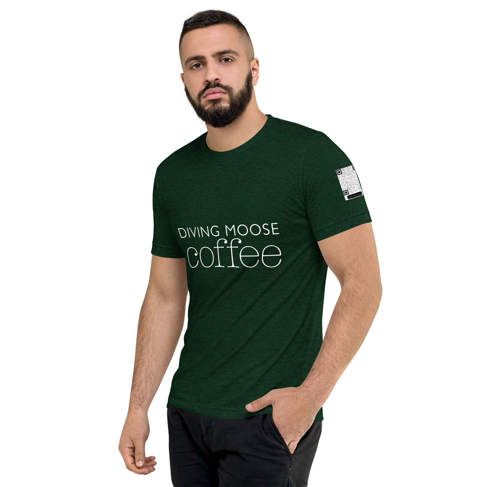 Man wearing dark green DMC Word Logo t-shirt with QR code on sleeve and Diving Moose Coffee text on front