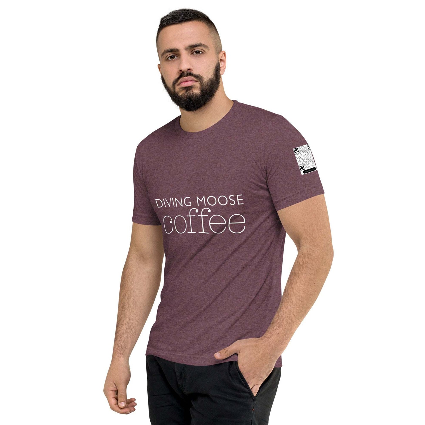 Man wearing purple DMC Word Logo tri-blend t-shirt with QR code on sleeve