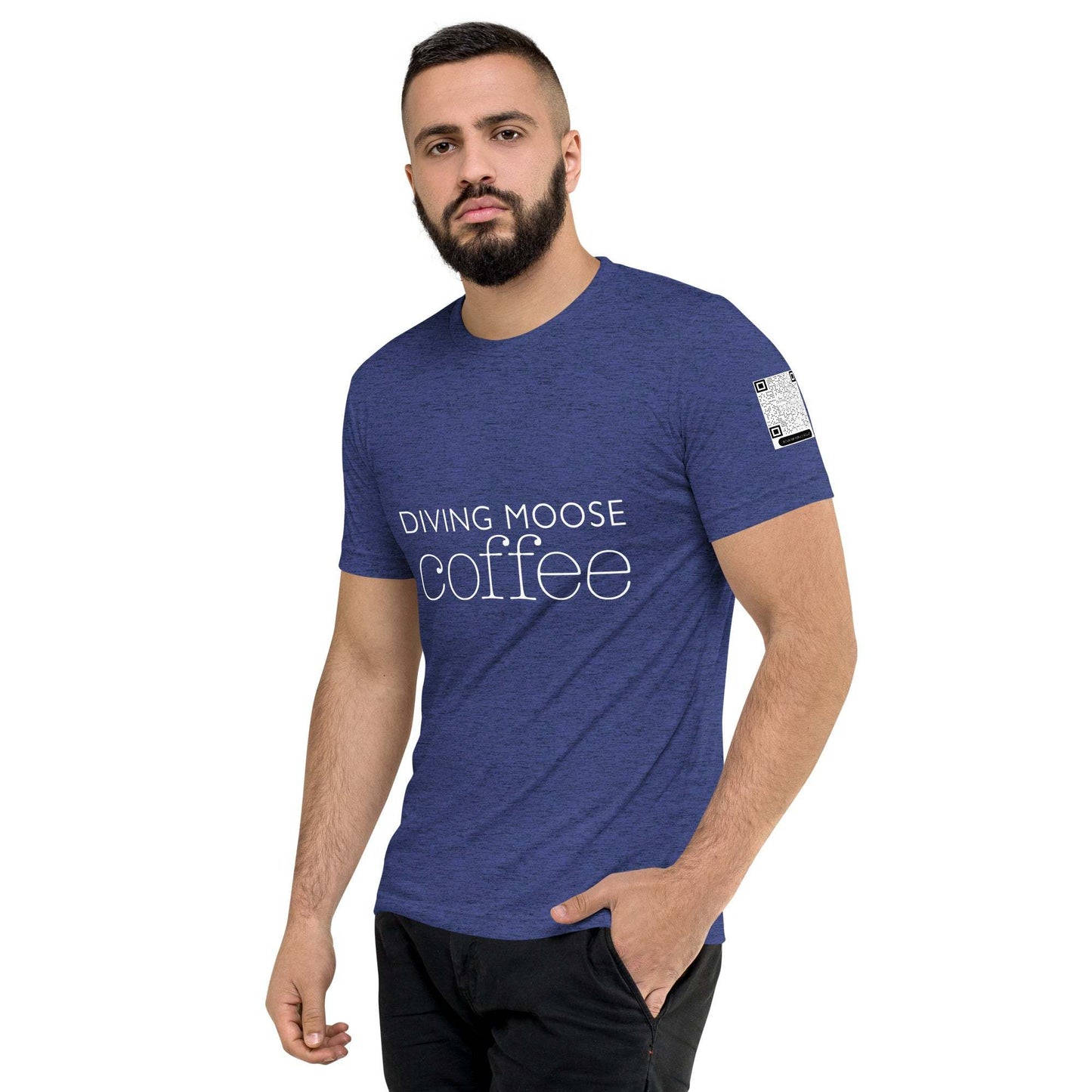 Man wearing blue DMC Word Logo tri-blend t-shirt with QR code on sleeve