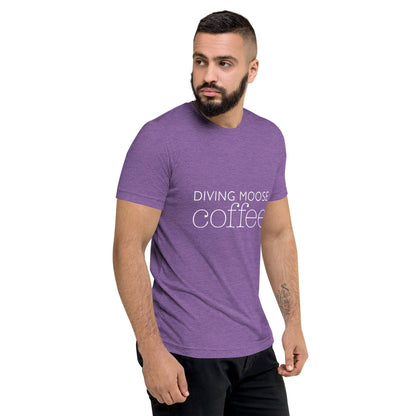 man wearing purple DMC Word Logo short sleeve tri-blend t-shirt with Diving Moose Coffee text and QR code on sleeve
