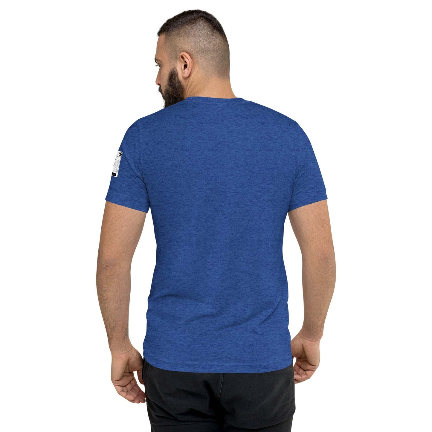 Man wearing blue DMC Word Logo tri-blend t-shirt with QR code on sleeve, back view