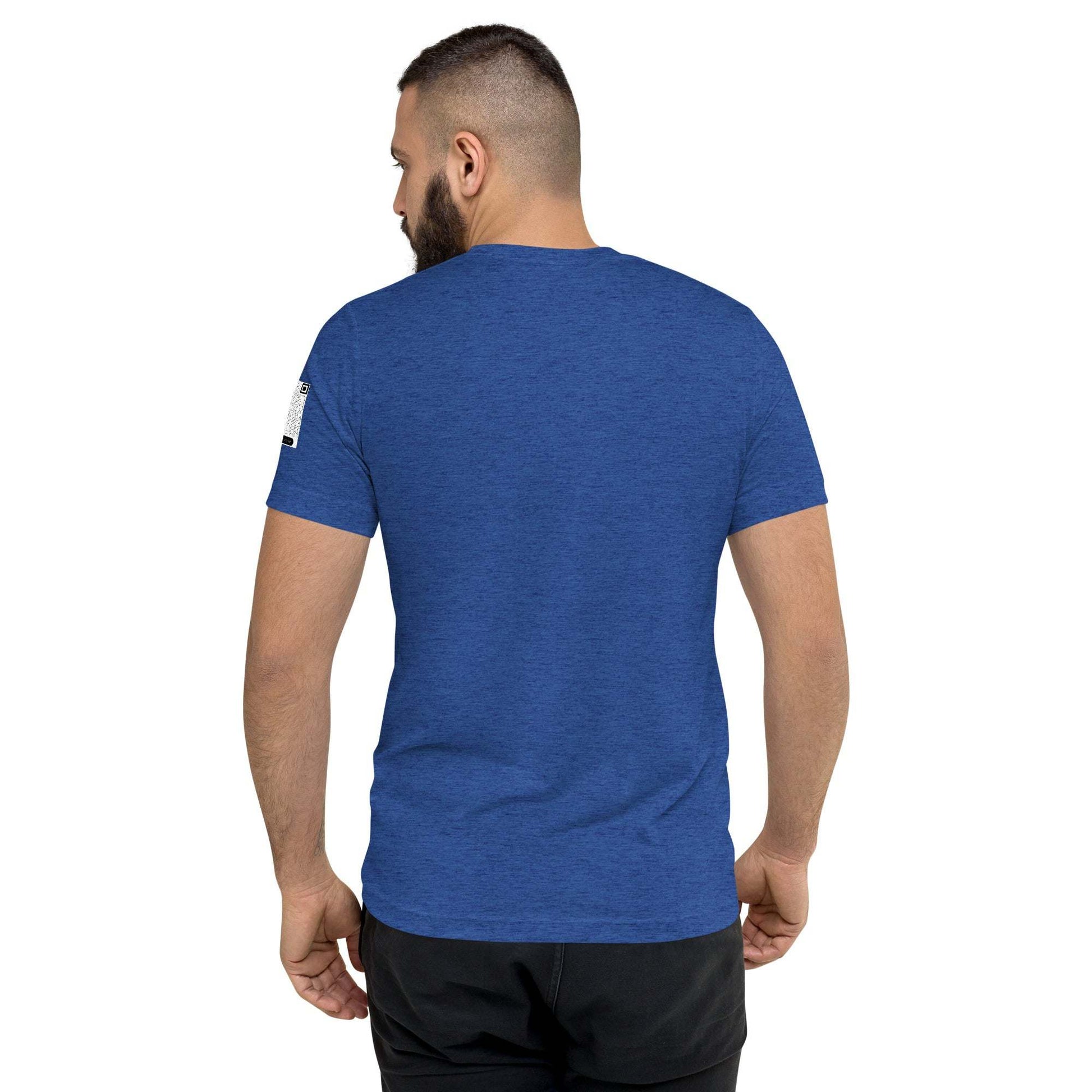 Man wearing blue DMC Word Logo tri-blend t-shirt with QR code on sleeve, back view