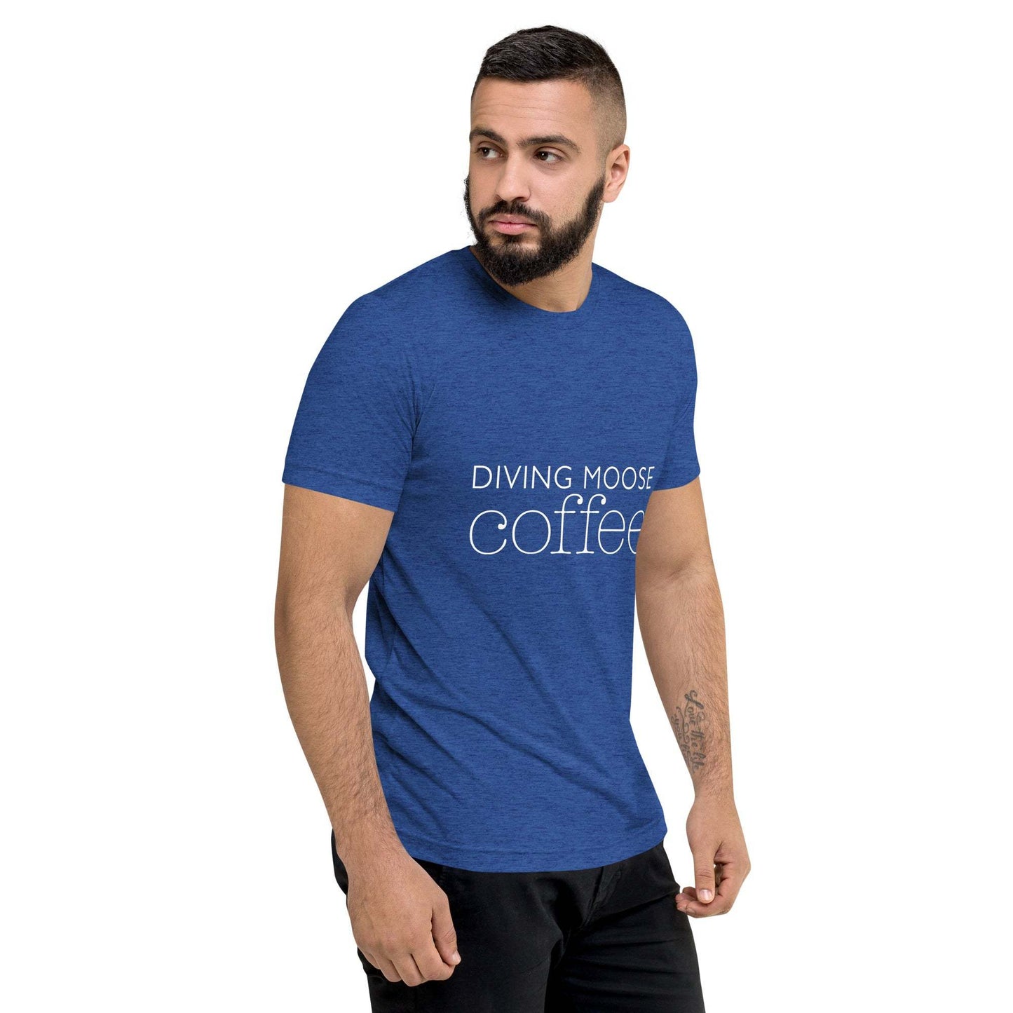 Man wearing blue DMC Word Logo Diving Moose Coffee tri-blend t-shirt with QR code on sleeve